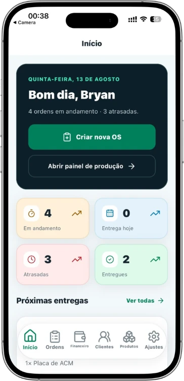 Aplicativo mobile do Fluxo na tela inicial, com atalhos para nova OS e painel de produção